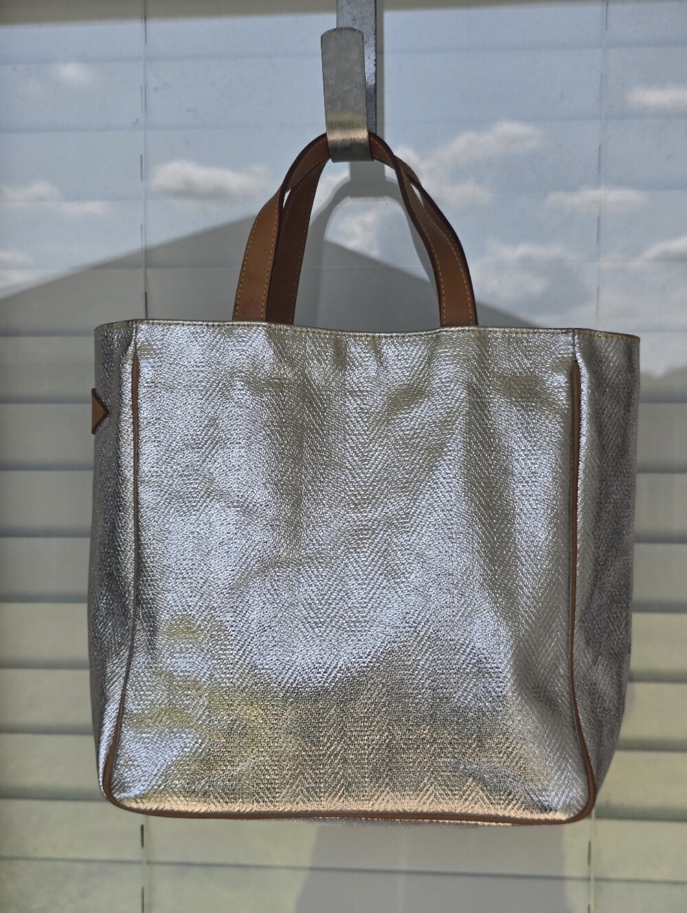 MZ Wallace Metallic Silver Tote Bag Leather Handles Shopper Shoulder Bag Rare